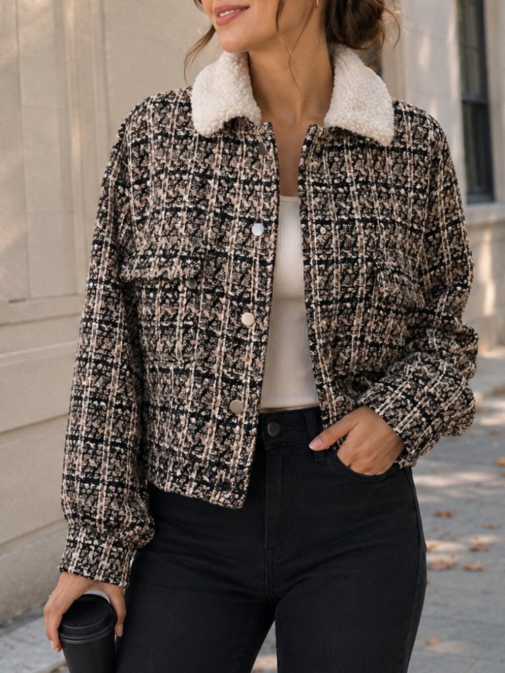 Sweet Rain Sherpa Collar Tweed Sequin Shacket Jacket Womens L Snap Front Coat